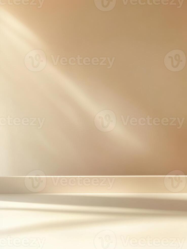 Soft sunlight casts gentle shadows on a minimalist beige wall and floor. photo