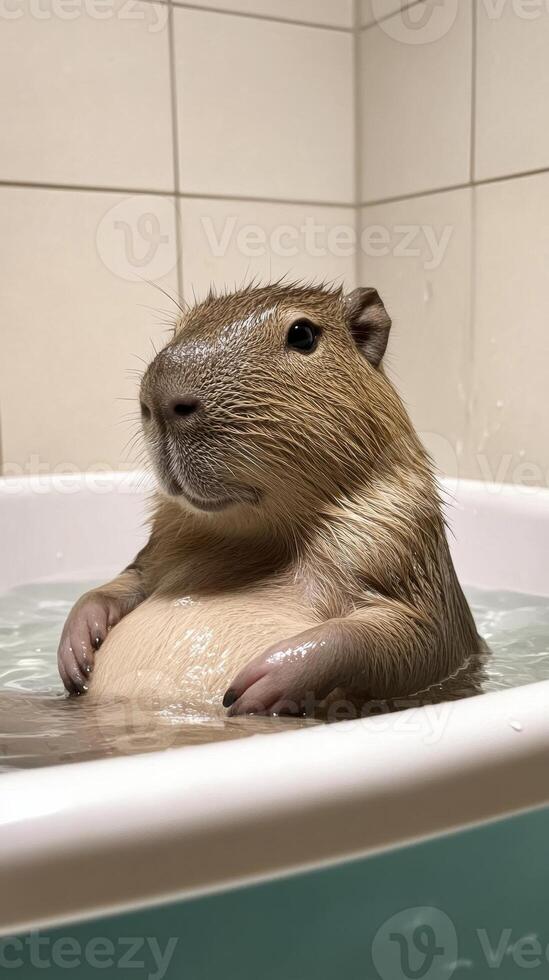 A relaxed capybara enjoys a warm bath in a tiled bathroom setting. photo