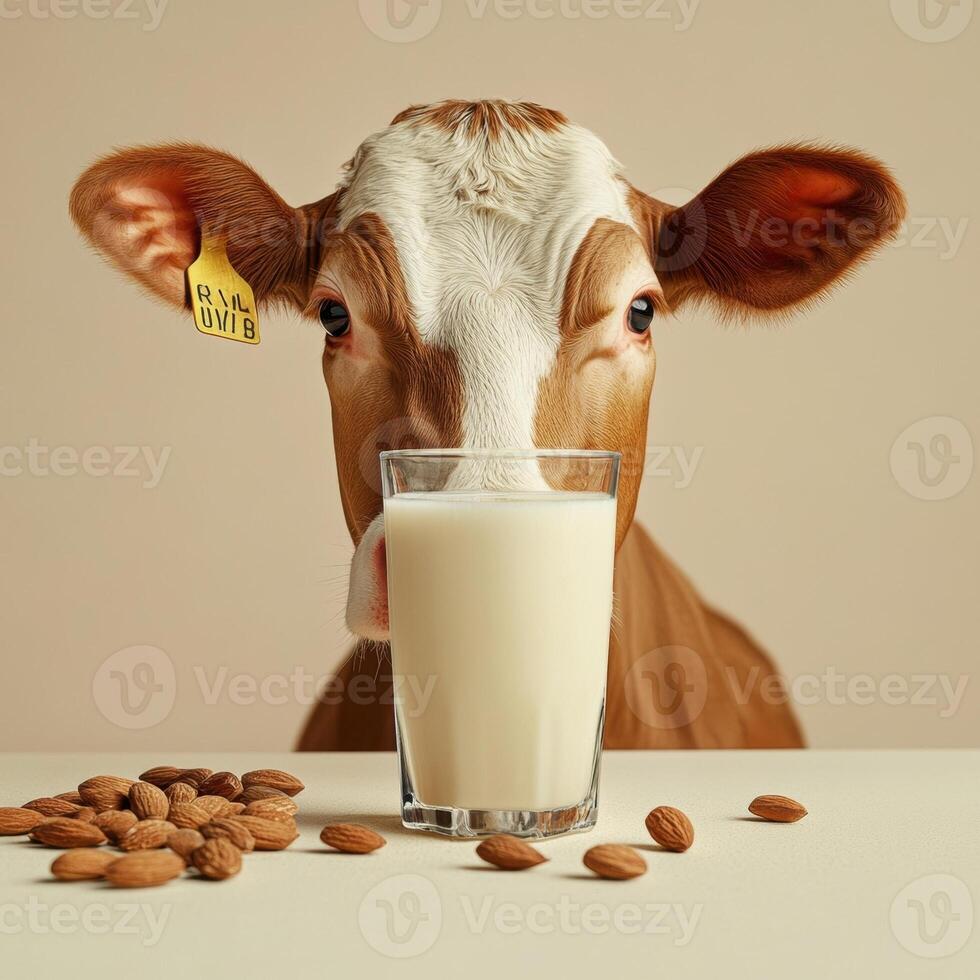 Cow with glass of milk and almonds, showcasing dairy and plant-based options. photo