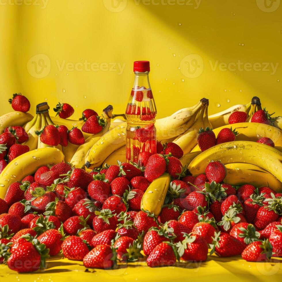 Vibrant display of strawberries and bananas with a bottle of sparkling beverage on a bright yellow background. photo