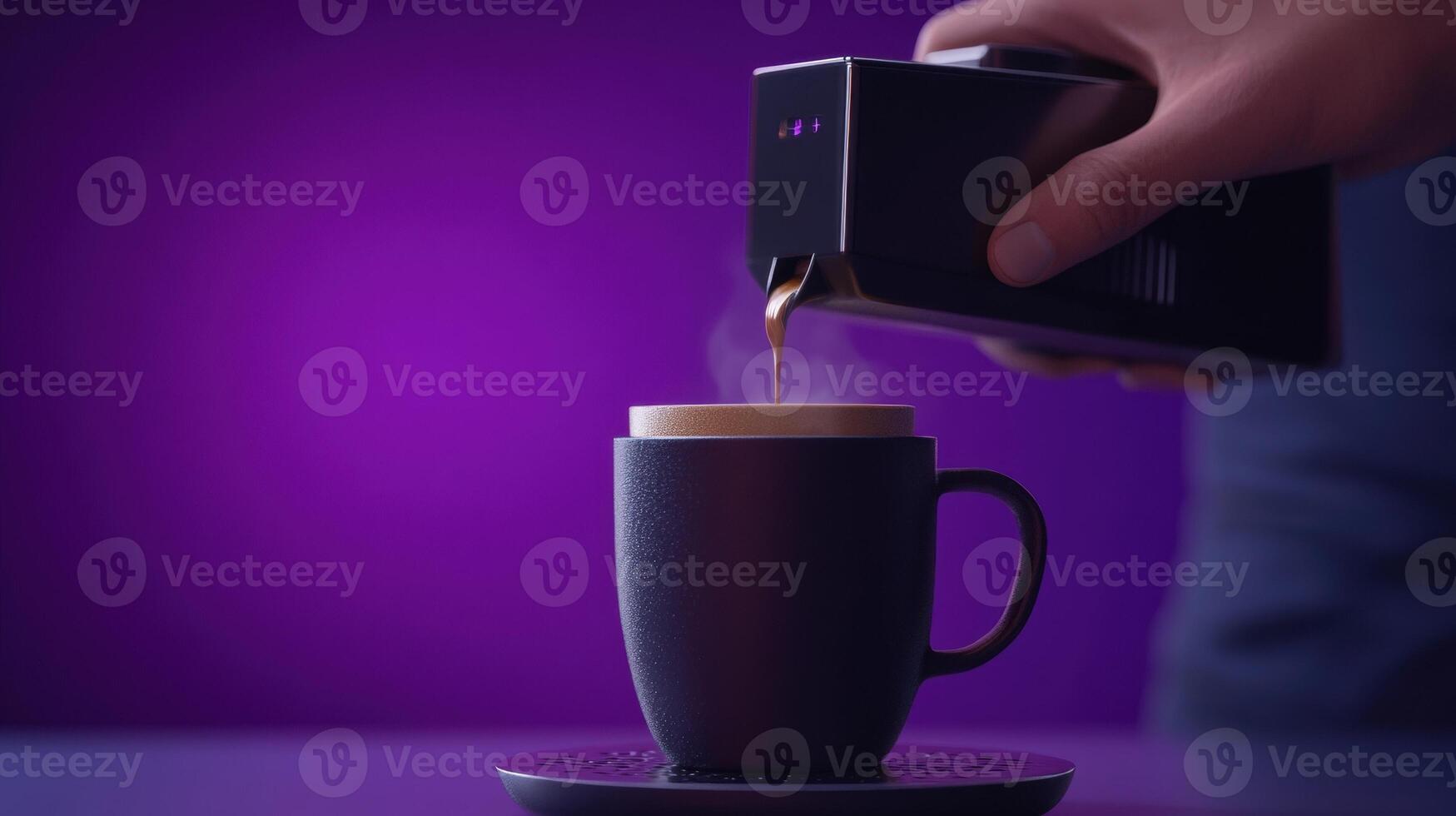 Close-up of a hand pouring steaming coffee into a black cup against a vibrant purple background. photo