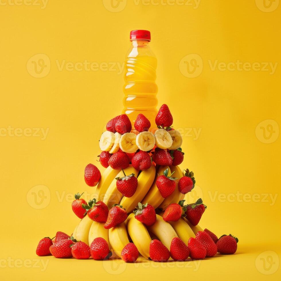 Vibrant arrangement of bananas and strawberries with orange juice against a yellow background. photo