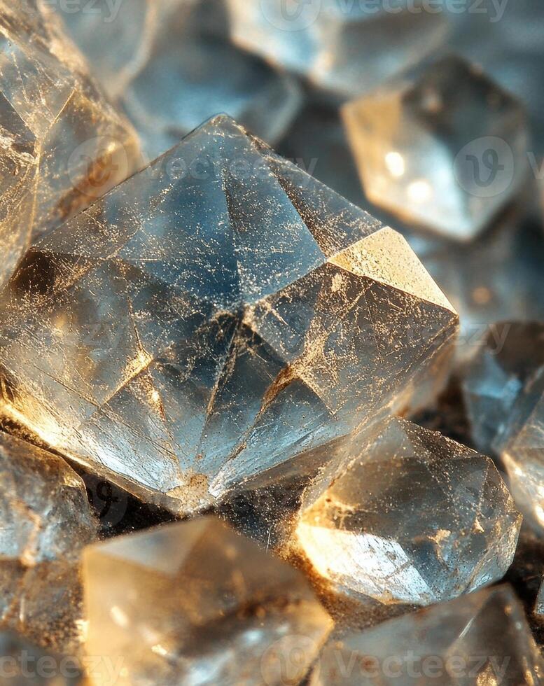 Close-up of sparkling, translucent blue crystals with light reflections. photo