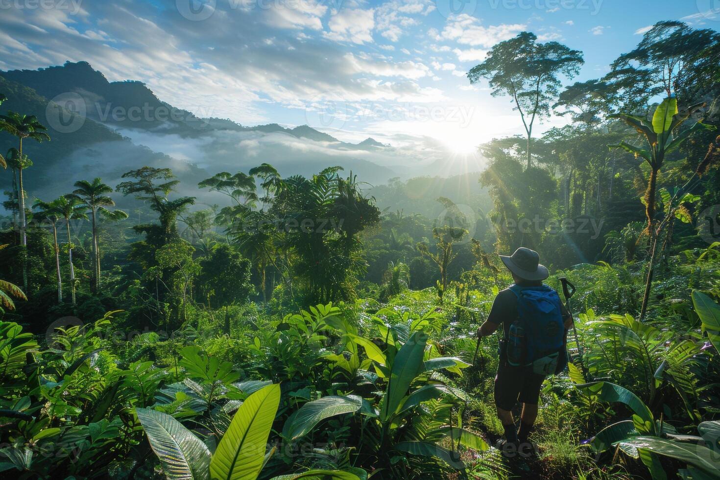Traveler exploring lush tropical rainforest at sunrise, surrounded by towering trees and mist-covered mountains. photo