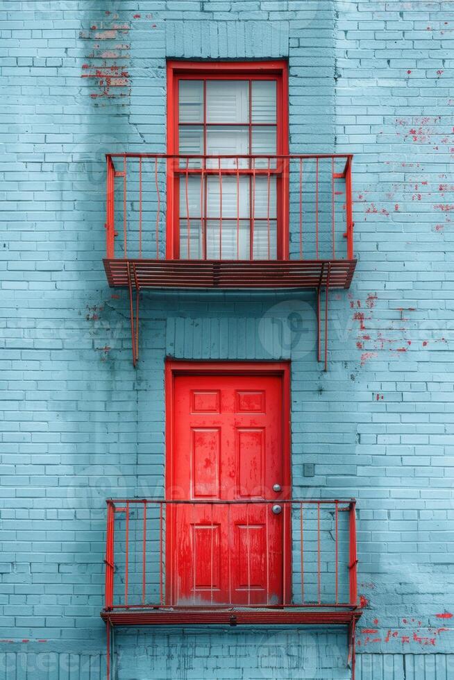 Vibrant red doors and balconies against a weathered blue brick wall create an eye-catching contrast. photo