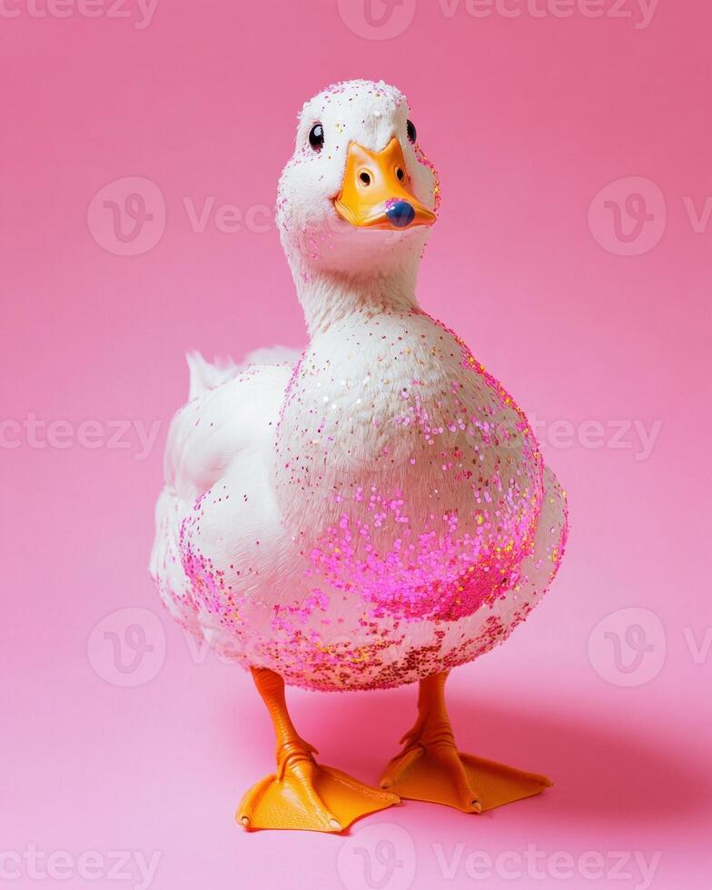A sparkling duck covered in pink glitter on a vibrant pink background. photo