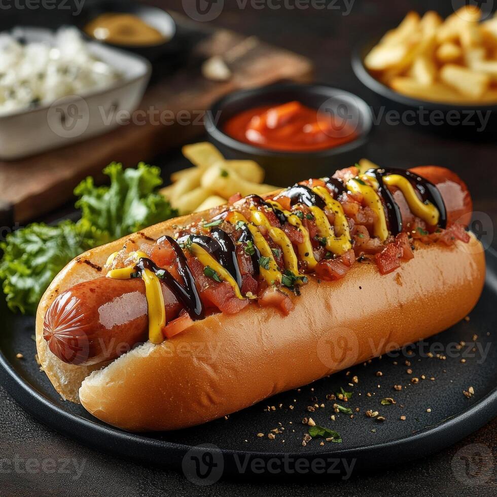 Delicious gourmet hot dog topped with mustard and barbecue sauce, served with fries. photo