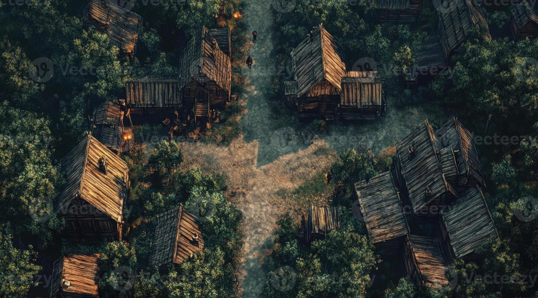 Medieval-inspired wooden village nestled within a lush forest. photo