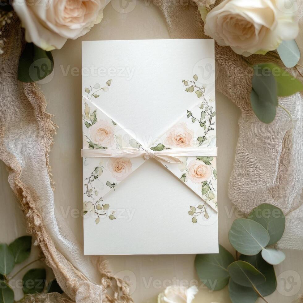 Elegant floral invitation card surrounded by soft roses and delicate greenery. photo