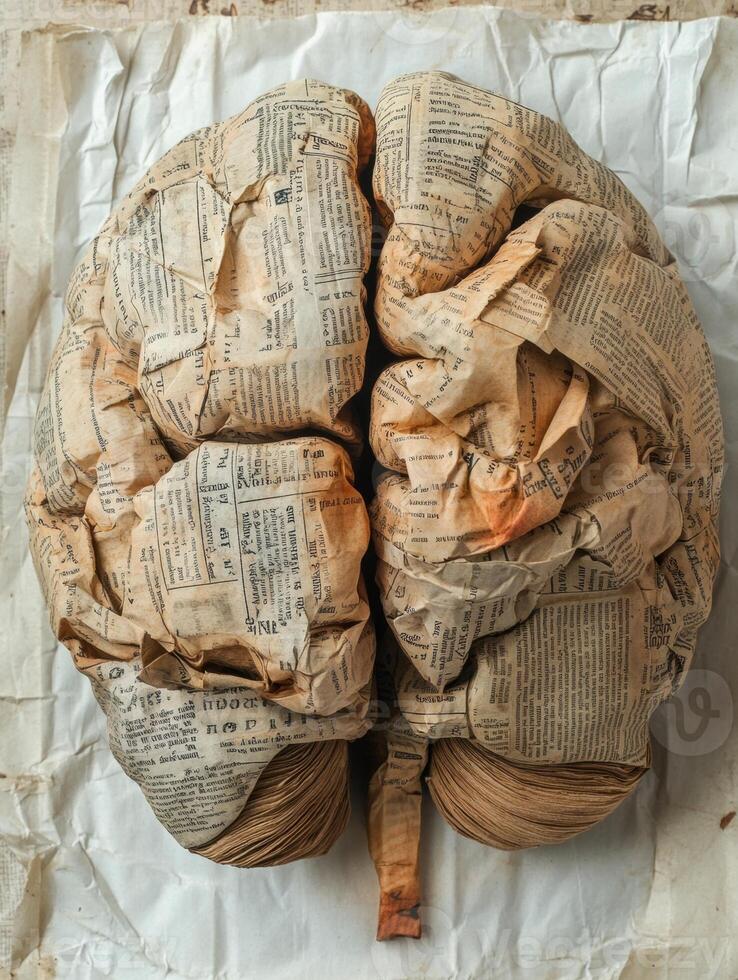 Artistic depiction of a human brain made with vintage newspaper clippings. photo