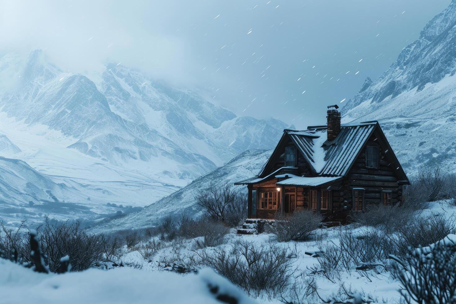 Isolated stone house in winter, An adventurer's quaint cabin deep in the snowy mountains.10 photo
