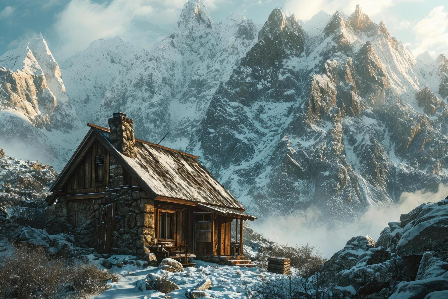Isolated stone house in winter, An adventurer's quaint cabin deep in the snowy mountains.19 photo
