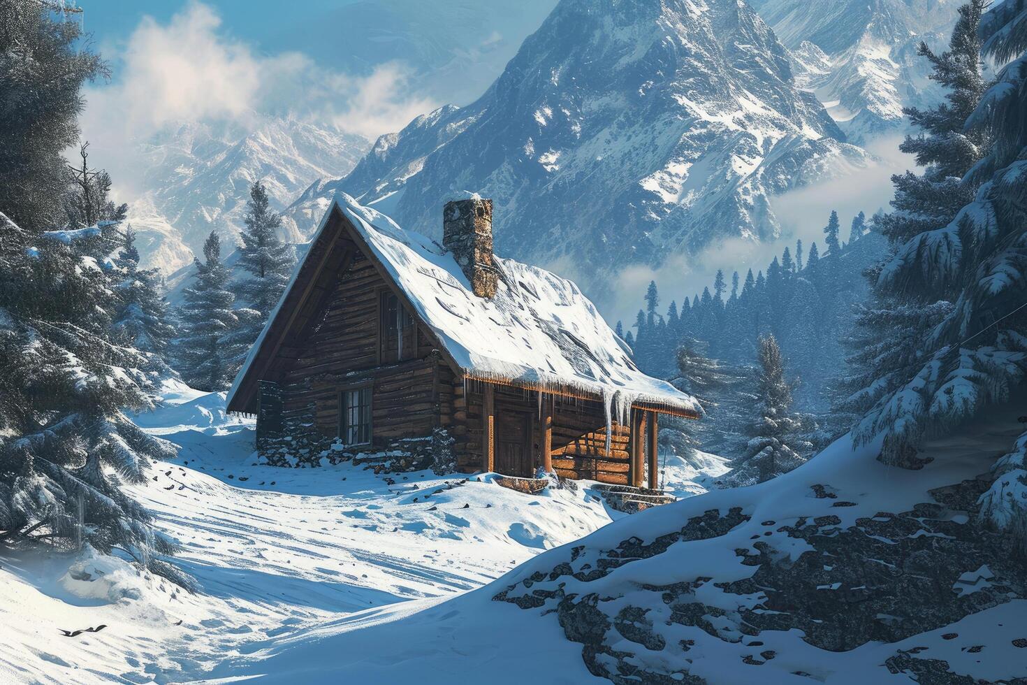 An adventurer's quaint cabin deep in the snowy mountains, Old timber buildings between snowcovered trees on a wnter day with changing weather8 photo