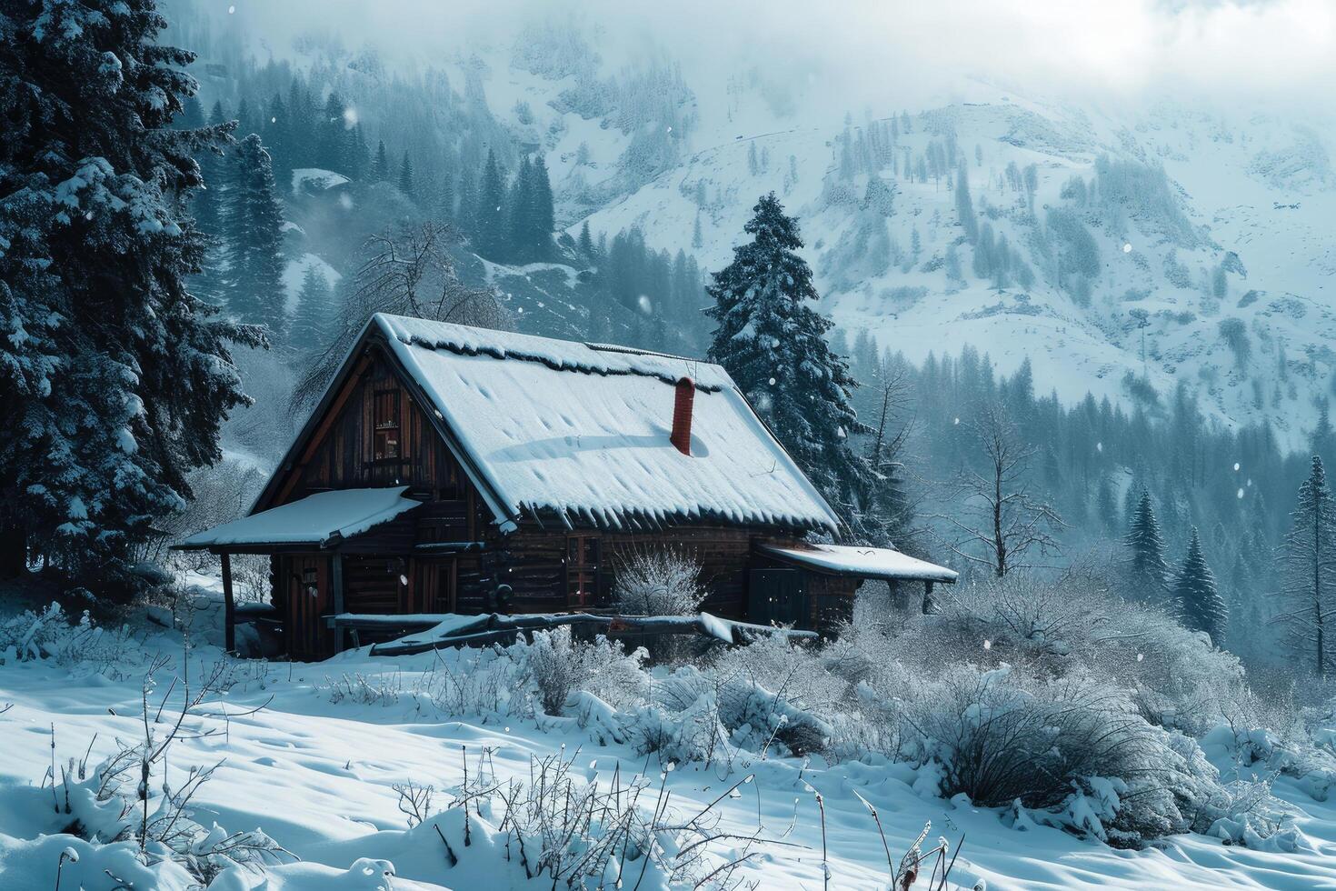 An adventurer's quaint cabin deep in the snowy mountains. Gebirgslandschaft im Winter15 photo