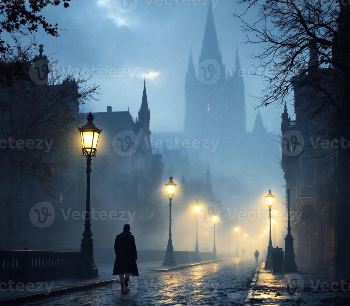 A man walking down a foggy street at night photo