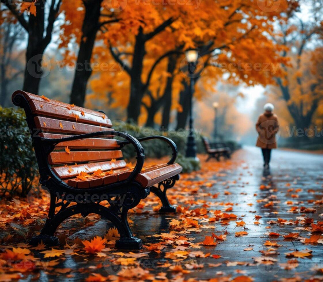 A woman walks down a path in the rain with an empty park bench photo