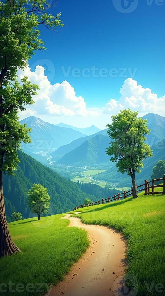 a path leads to a green valley with trees and mountains photo