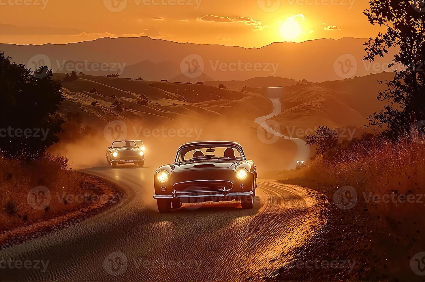 Classic Vintage Cars Driving on a Scenic Sunset Road with Mountain Backdrop photo