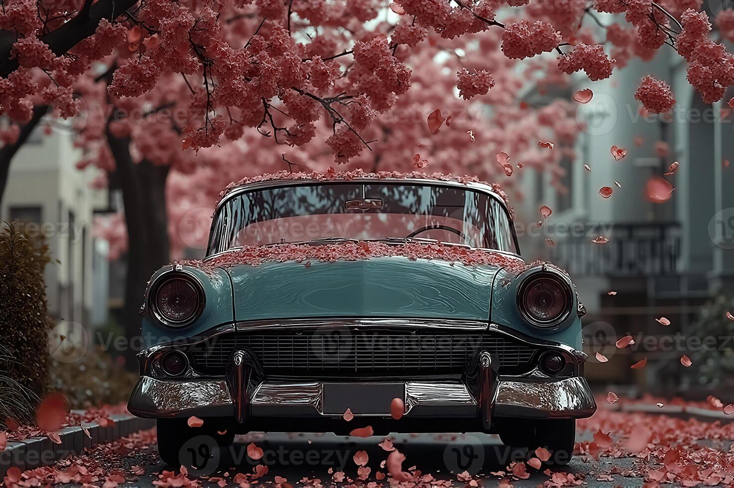Classic Vintage Car Surrounded by Blooming Cherry Blossom Petals in Spring photo