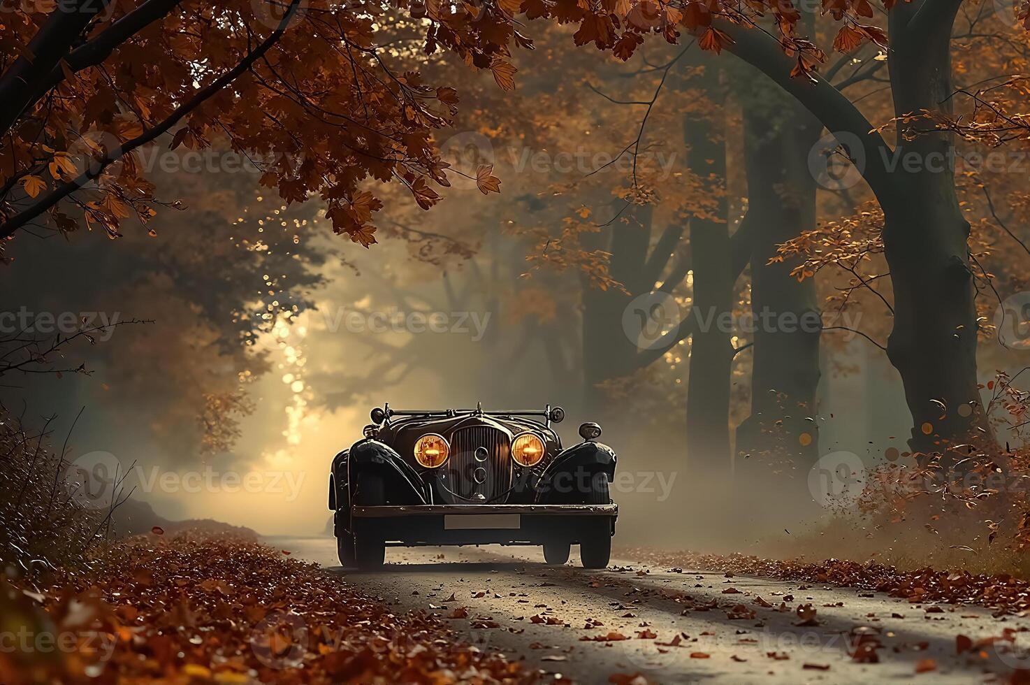 Classic Vintage Car Driving Through Autumn Foliage in a Misty Forest Setting photo