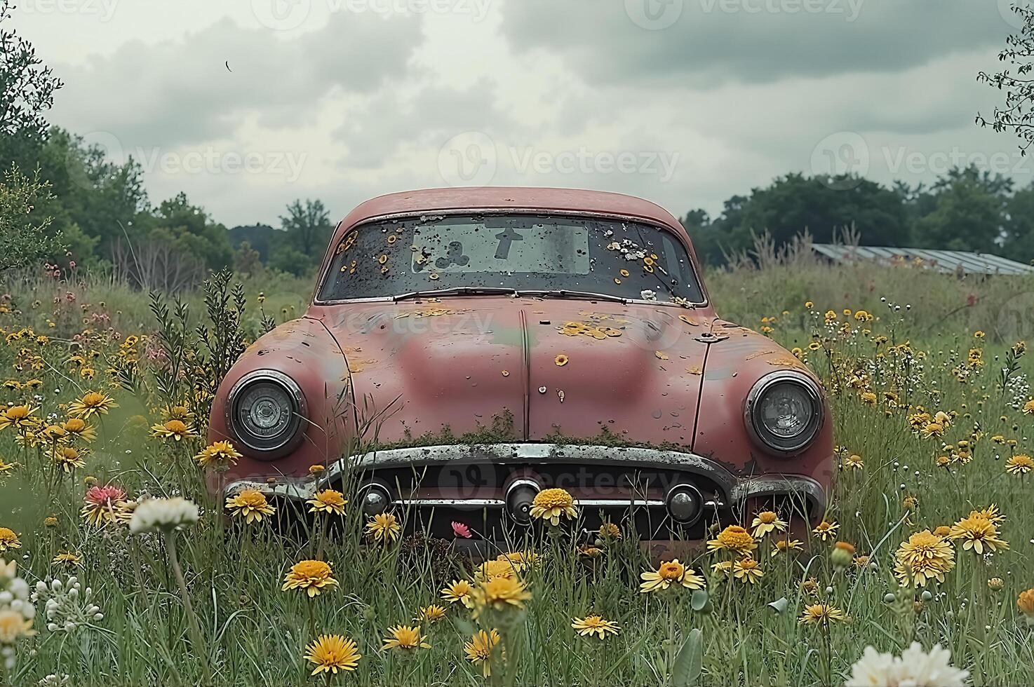 Rustic Vintage Car Surrounded by Vibrant Wildflowers in Abandoned Field Setting photo