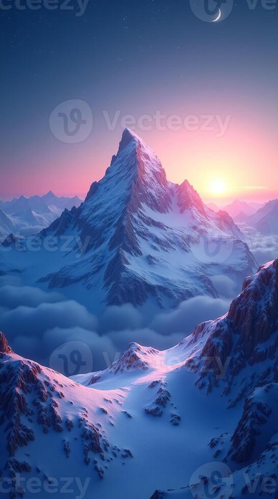 A mountain range with snow and clouds at sunset photo