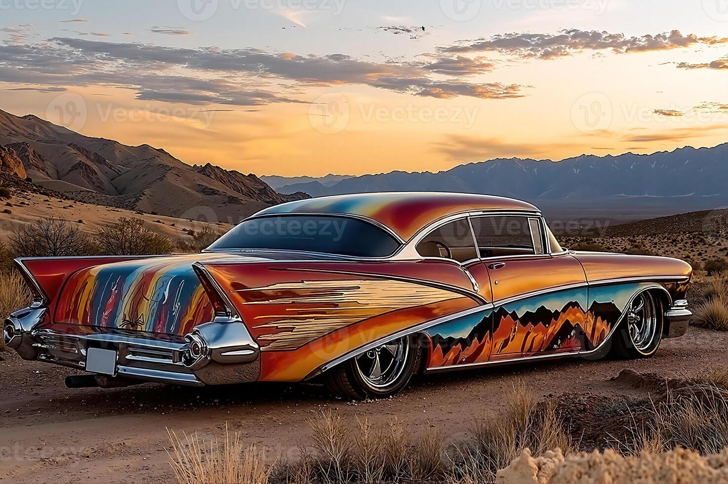 Stunning Vintage Car With Colorful Art Near Desert Landscape at Sunset photo