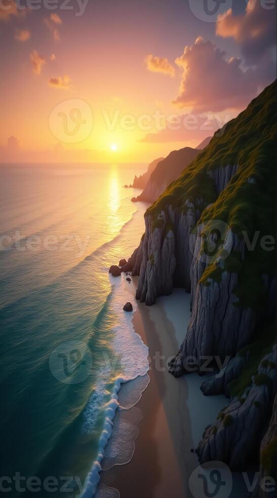 A beautiful sunset over the ocean and cliffs photo