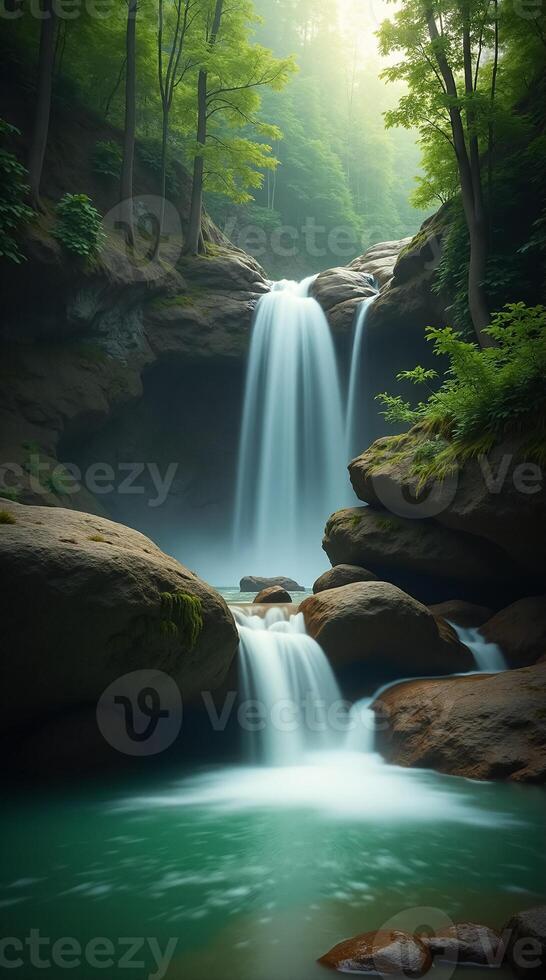 A waterfall in the forest with green trees photo