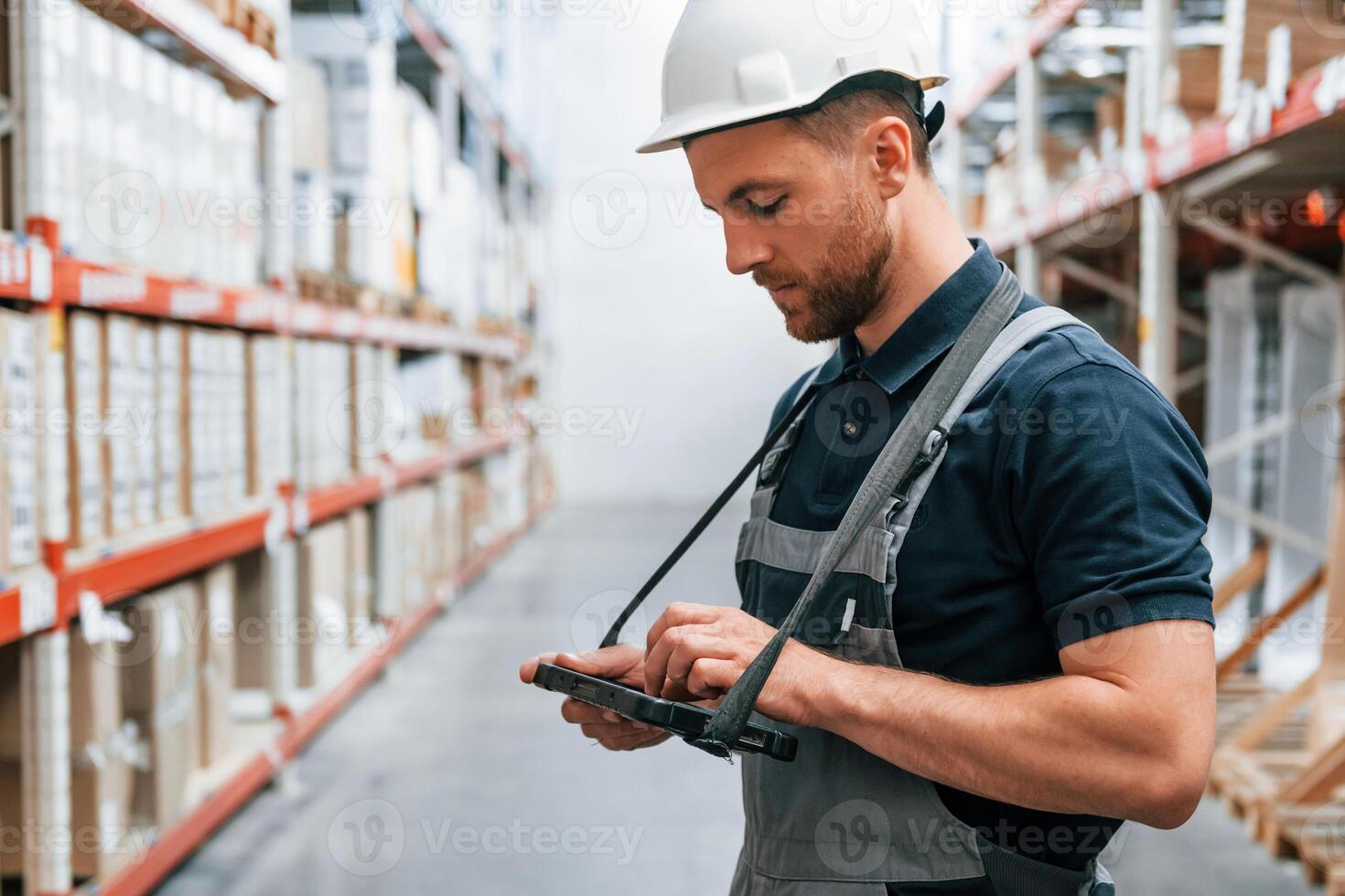 Checking data in the tablet. Employee in uniform is working in the storage at daytime. photo