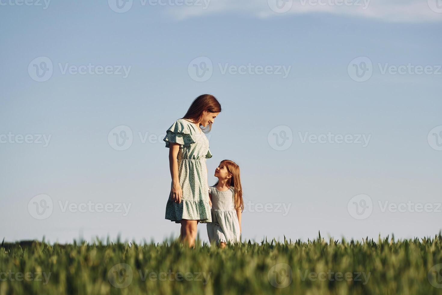 Holding each other by hands. Mother and daughter have fun outdoors on the field at summer photo