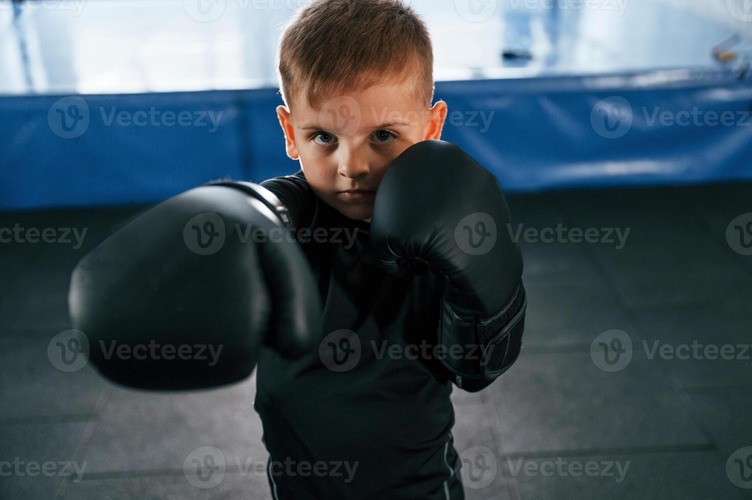 Boy is practicing boxing in the gym with glowes on hands. photo