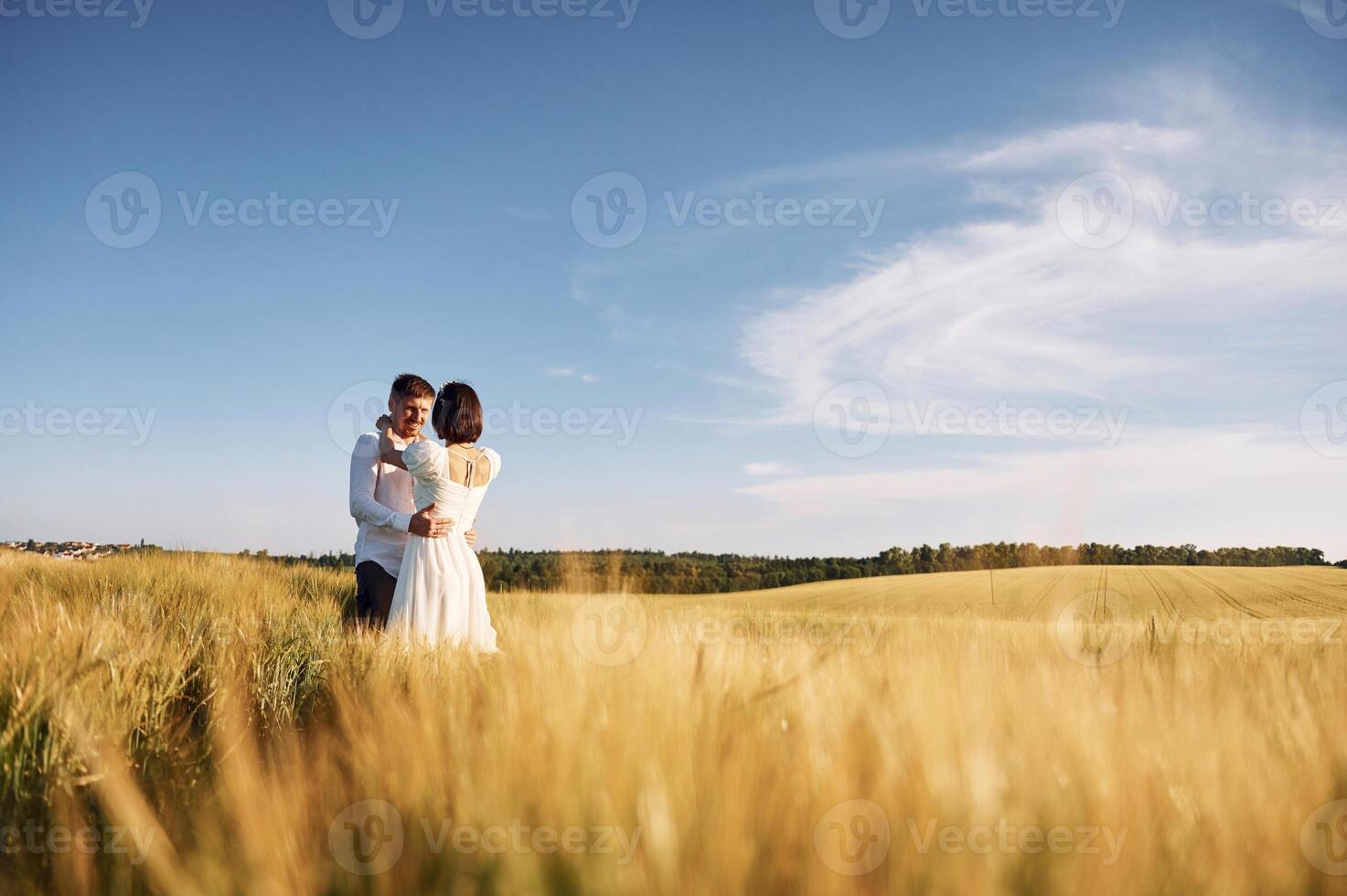 Conception of love. .Couple just married. Together on the majestic agricultural field at sunny day photo