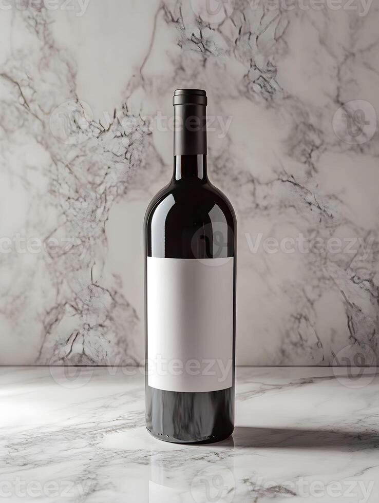 A bottle of wine sitting on a marble counter photo