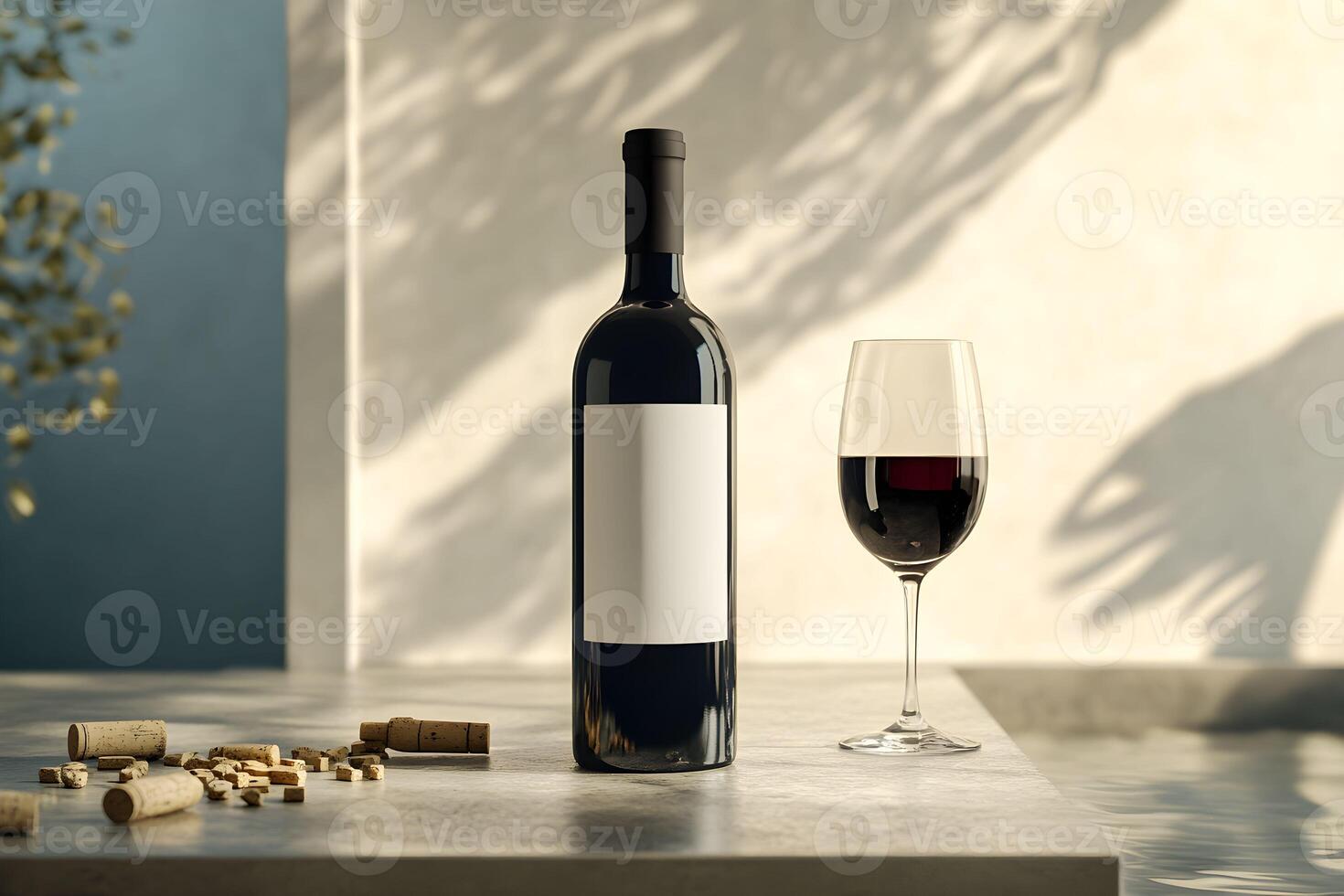 A bottle of wine and a glass sit on a table photo