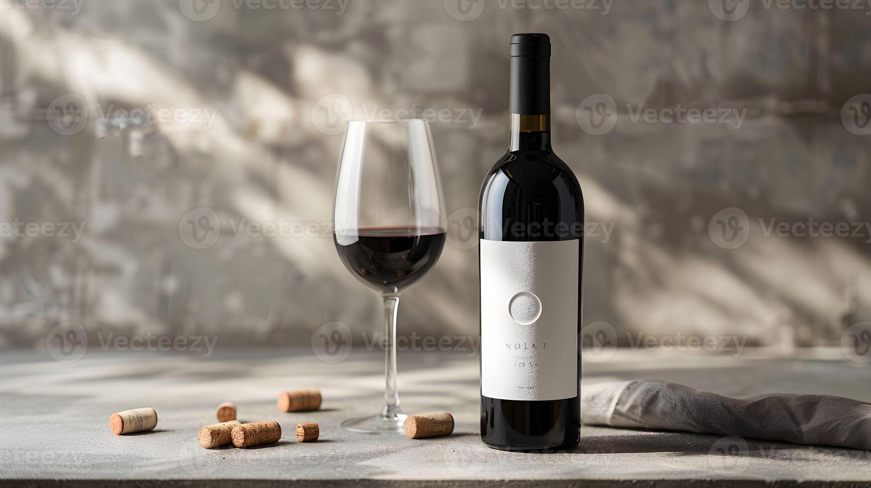 A bottle of wine and a glass of wine next to a cork photo