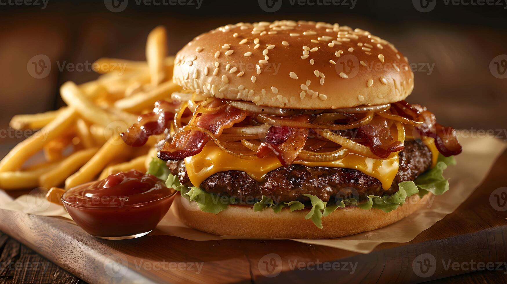 A hamburger with bacon and cheese on it photo
