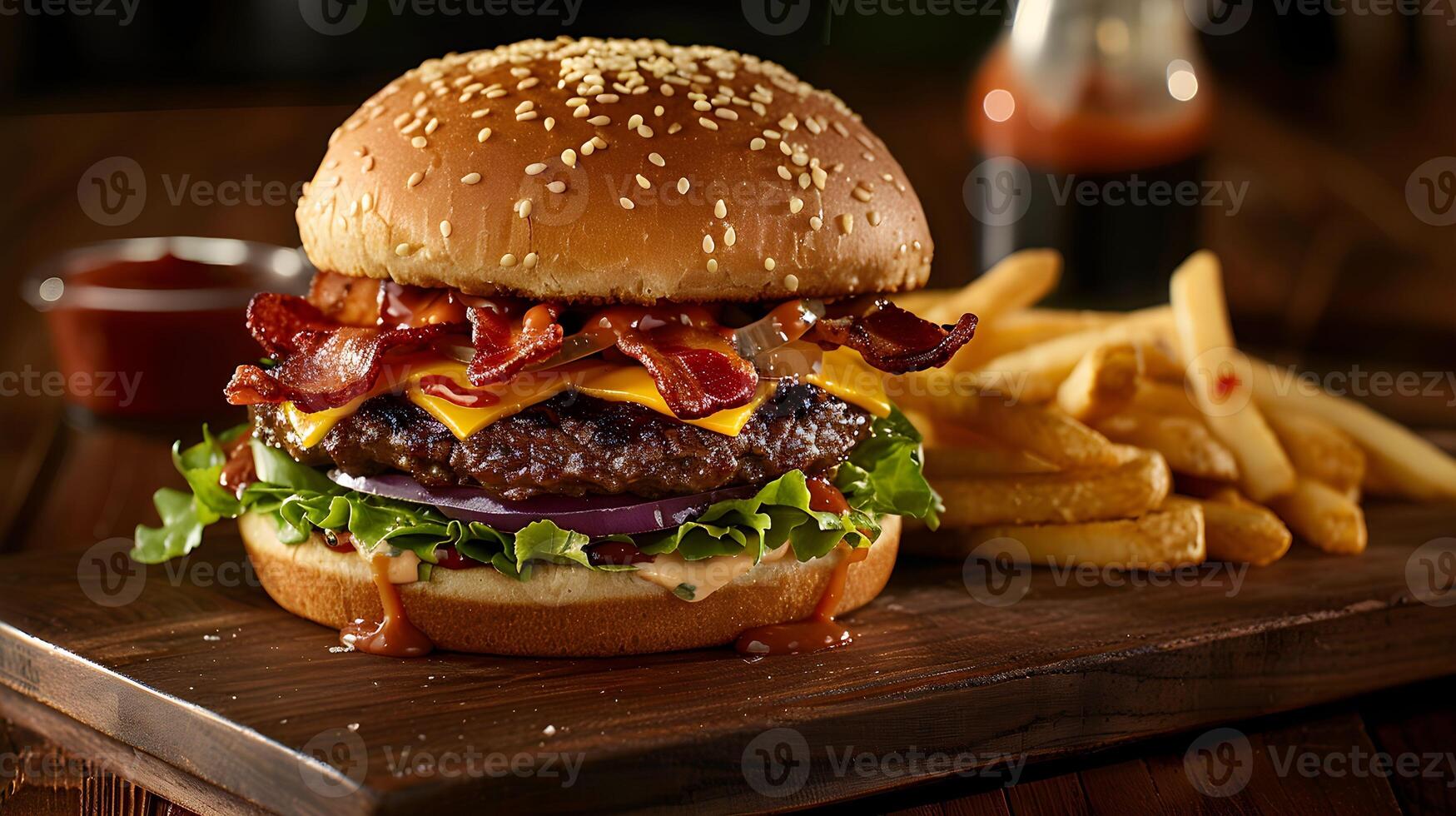 A hamburger with bacon and cheese on a wooden board photo