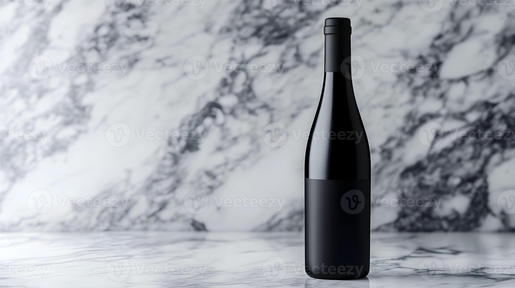 A black wine bottle sitting on a marble counter photo