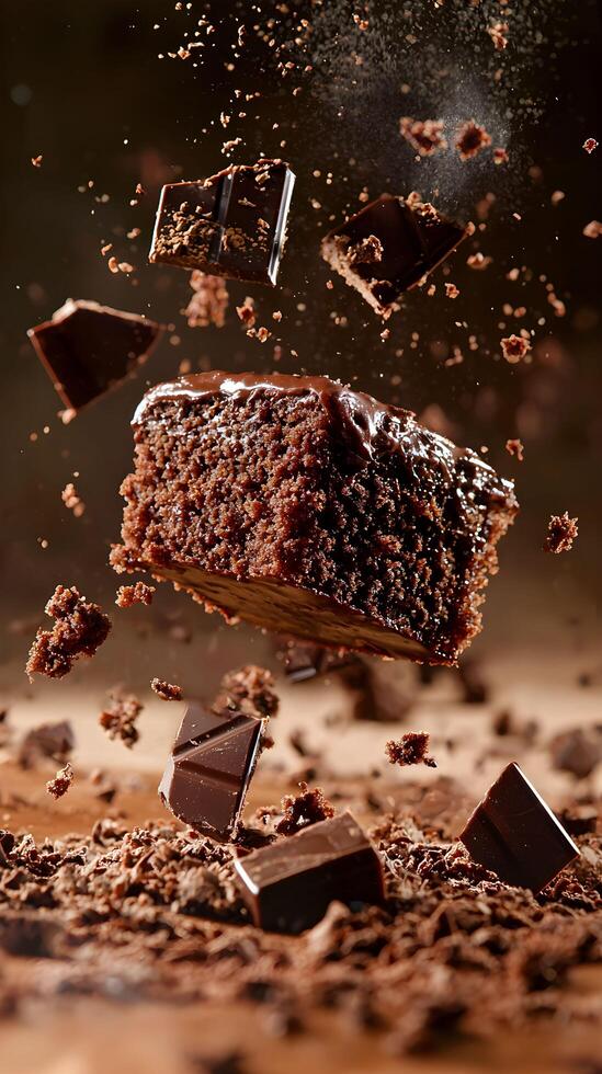 A piece of chocolate cake is being thrown into the air photo