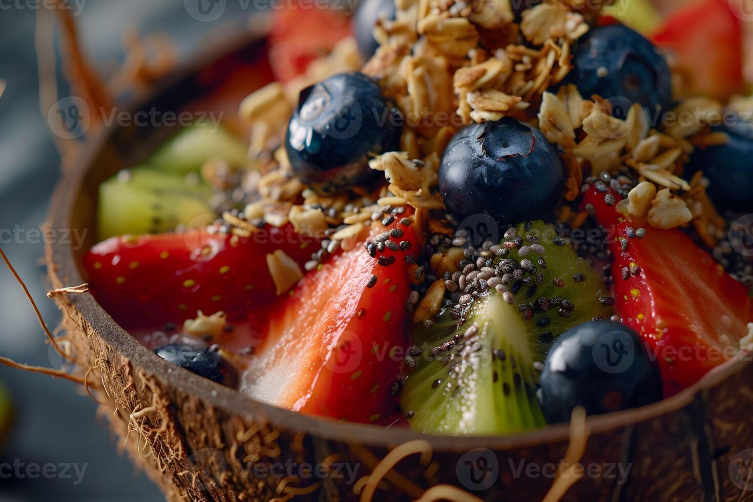 A bowl of fruit with granola and nuts photo