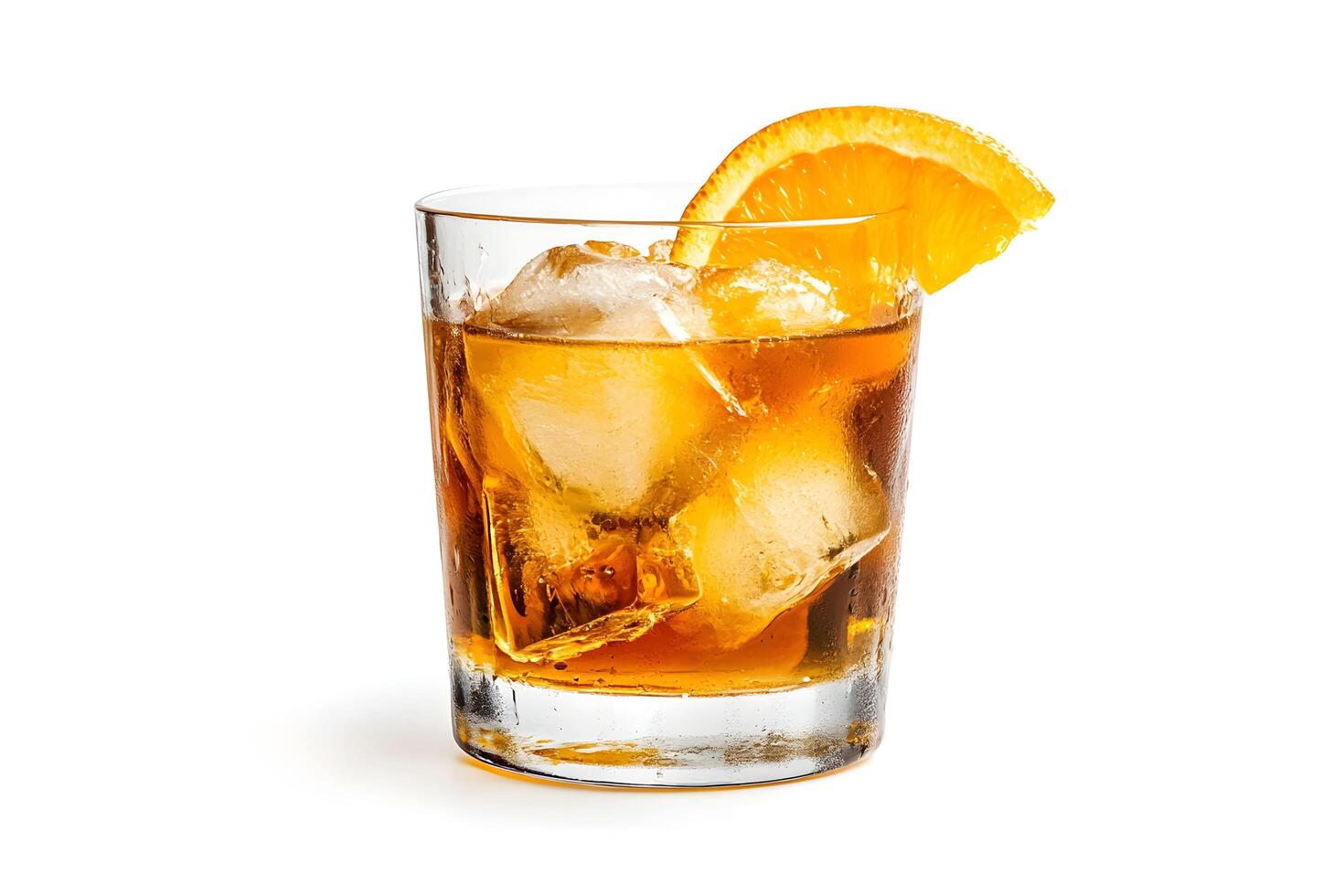 An orange slice is on top of a glass of whiskey photo