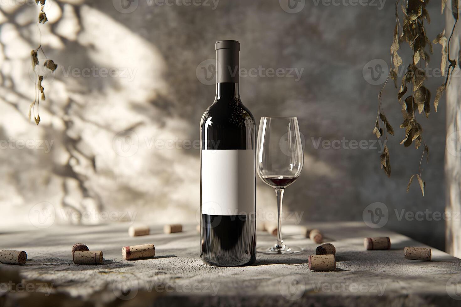 A bottle of wine and a glass sitting on a table photo