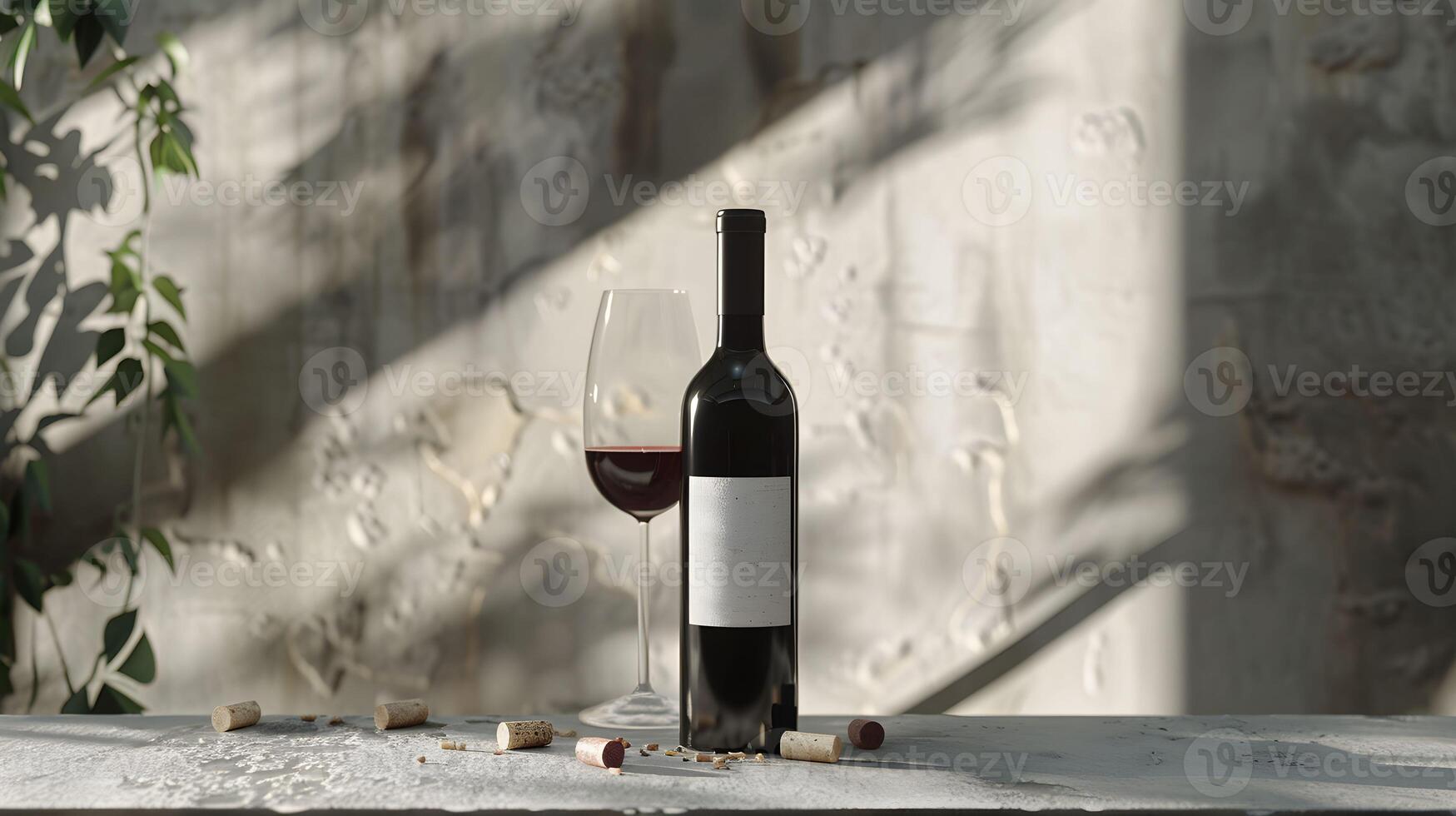 A bottle of wine and a glass sitting on a table photo
