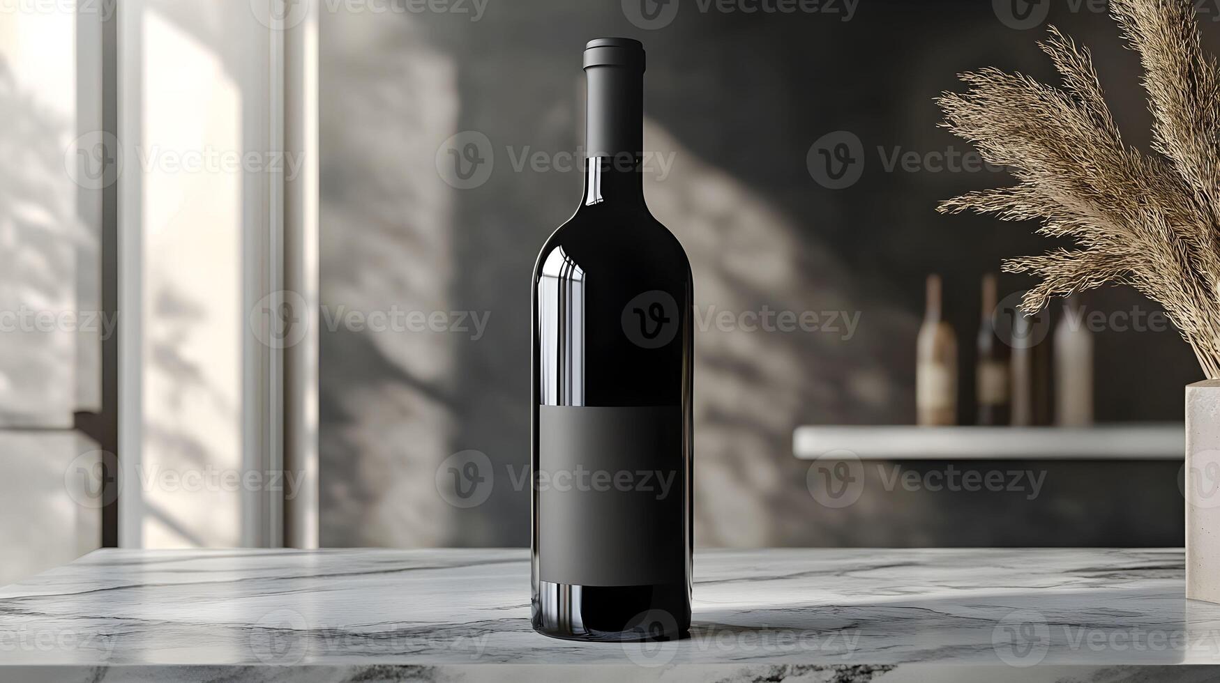 A bottle of wine on a table in front of a window photo