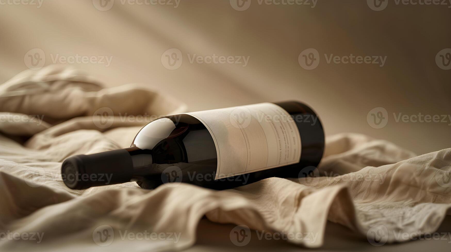 A wine bottle on a cloth with a blanket photo