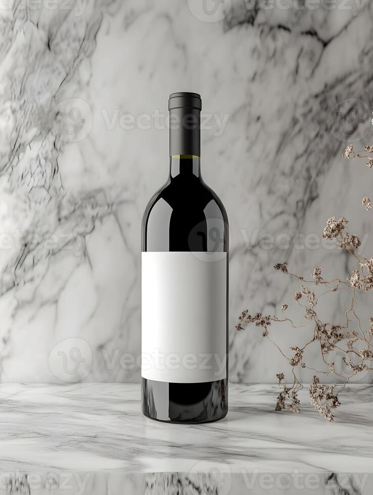 A bottle of wine is sitting on a marble counter photo