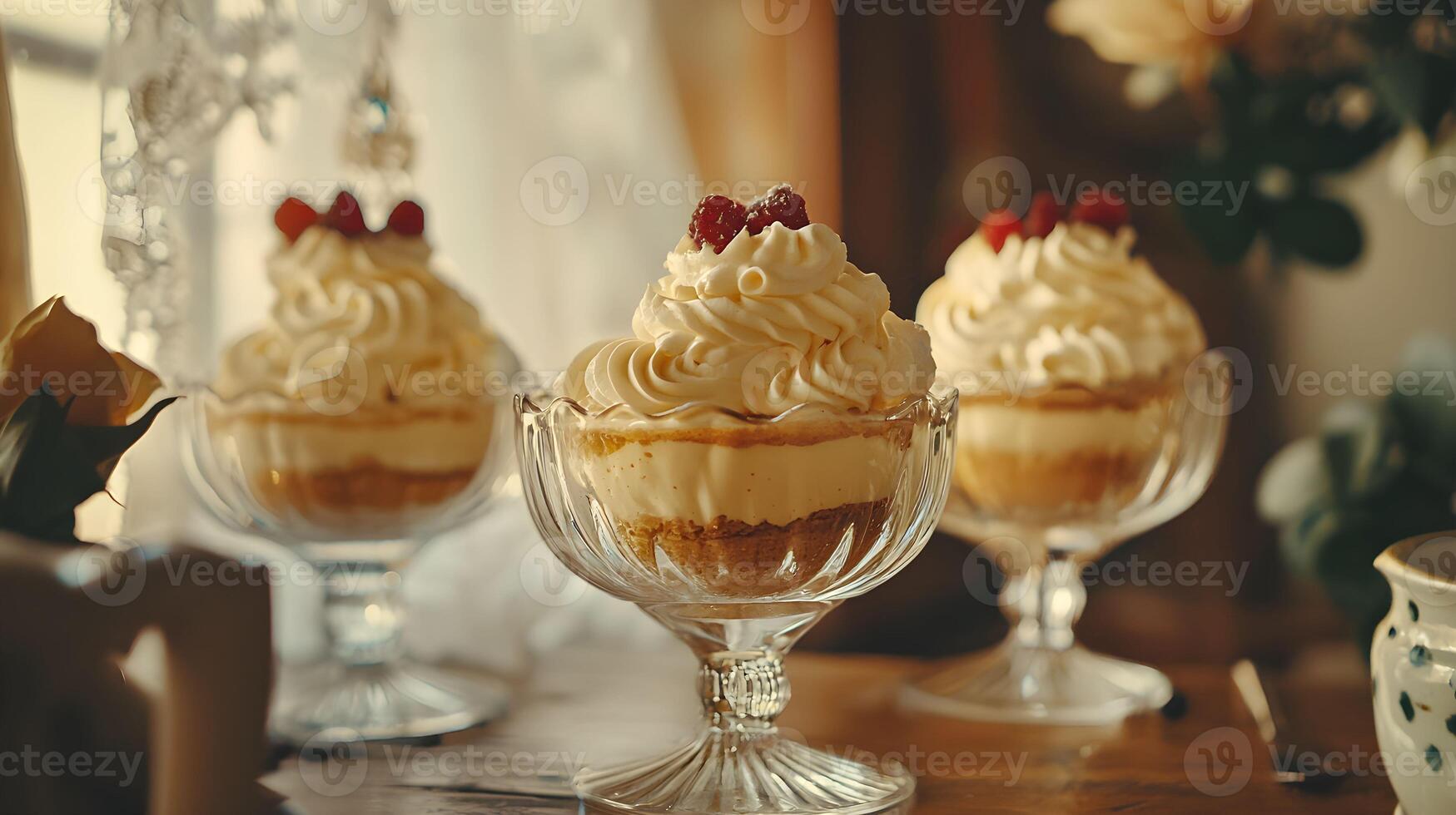 Three desserts in glasses on a table photo