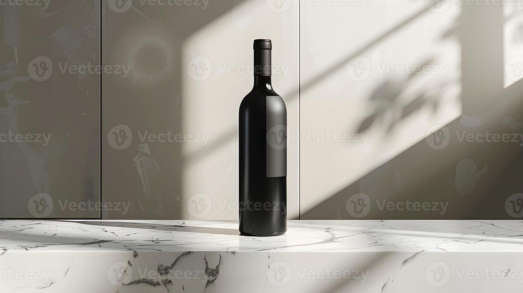 A bottle of wine sitting on a marble counter photo