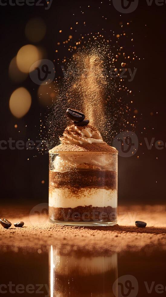 A dessert with chocolate and cream on a table photo